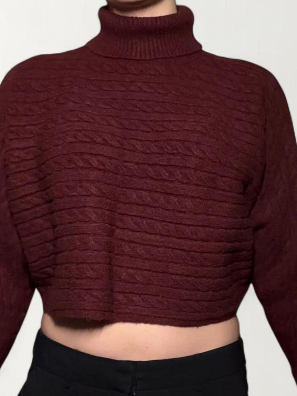Forever 21 burgundy horizontal cable knit turtleneck cropped sweater - SIZE M